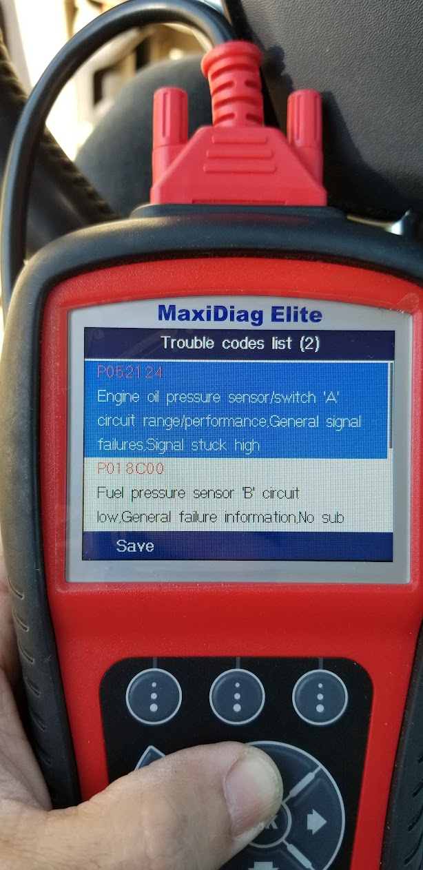 Scan tool showing vehicle trouble codes