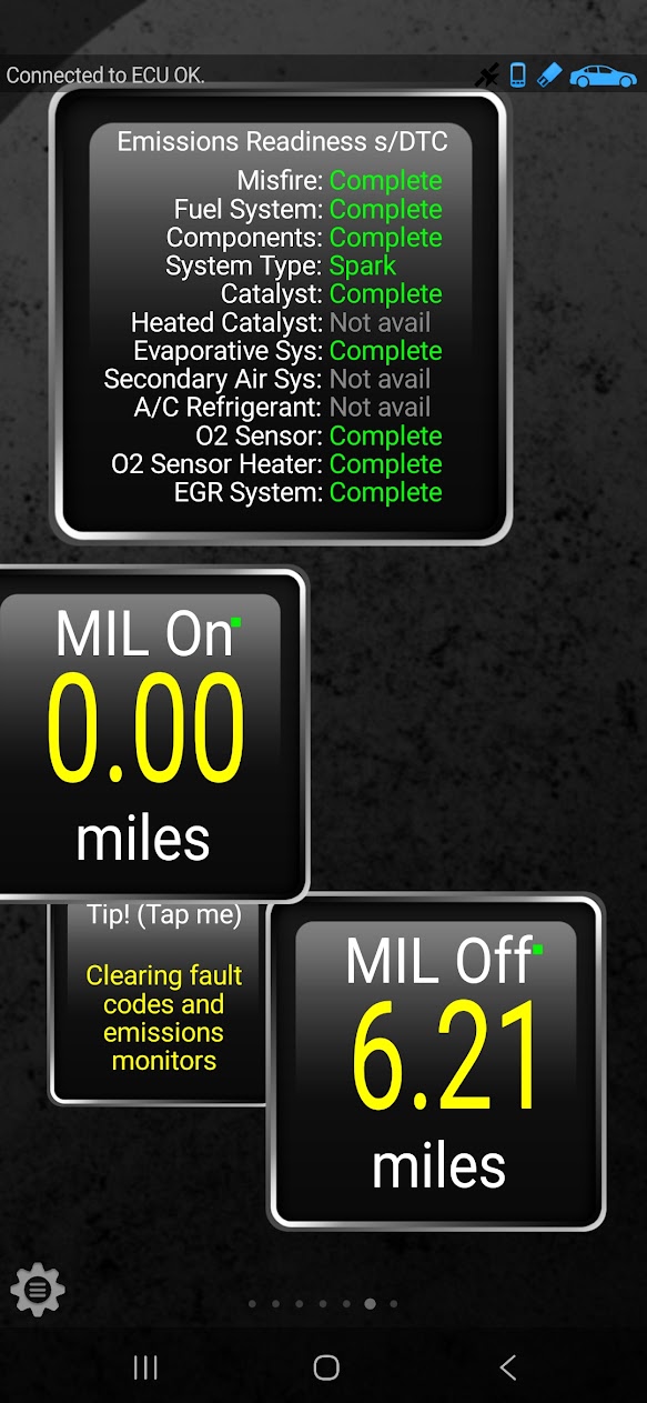 Emissions readiness diagnostic screenshot